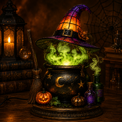 🔥Exclusive Limited Item 👍🔥45%OFF🐈 Gothic Stained Glass Witch Black Cat Table Lamp | Halloween Witch Hat Night Light Decor