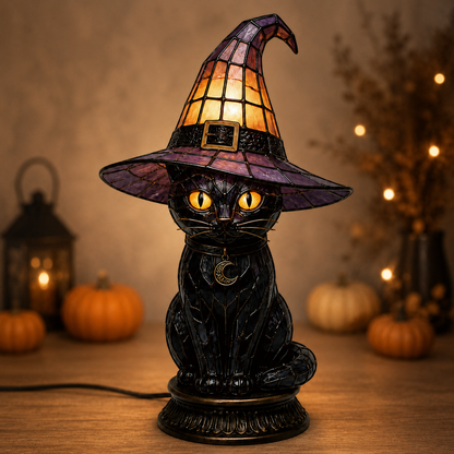 🔥Exclusive Limited Item 👍🔥45%OFF🐈 Gothic Stained Glass Witch Black Cat Table Lamp | Halloween Witch Hat Night Light Decor