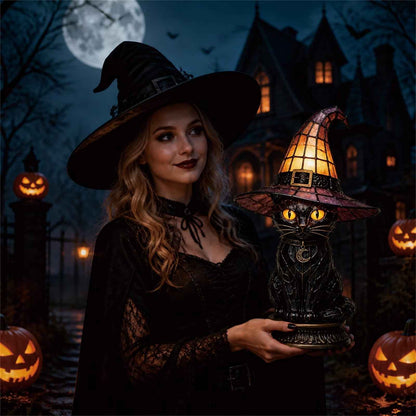 🔥Exclusive Limited Item 👍🔥45%OFF🐈 Gothic Stained Glass Witch Black Cat Table Lamp | Halloween Witch Hat Night Light Decor